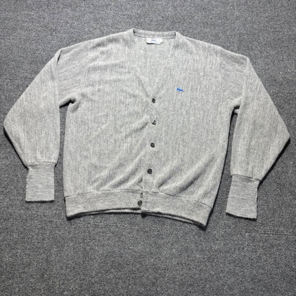 Vintage Izod Lacoste Cardigan Sweater Mens Large Gray Blue Croc Logo V-Neck L